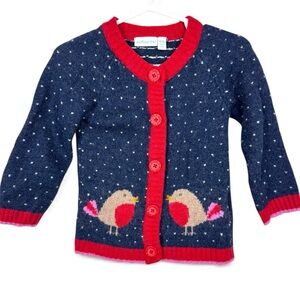 Jojo maman bebe Navy Pin Dot Robin Wool Cashmere Cardigan Red Trim 18-24